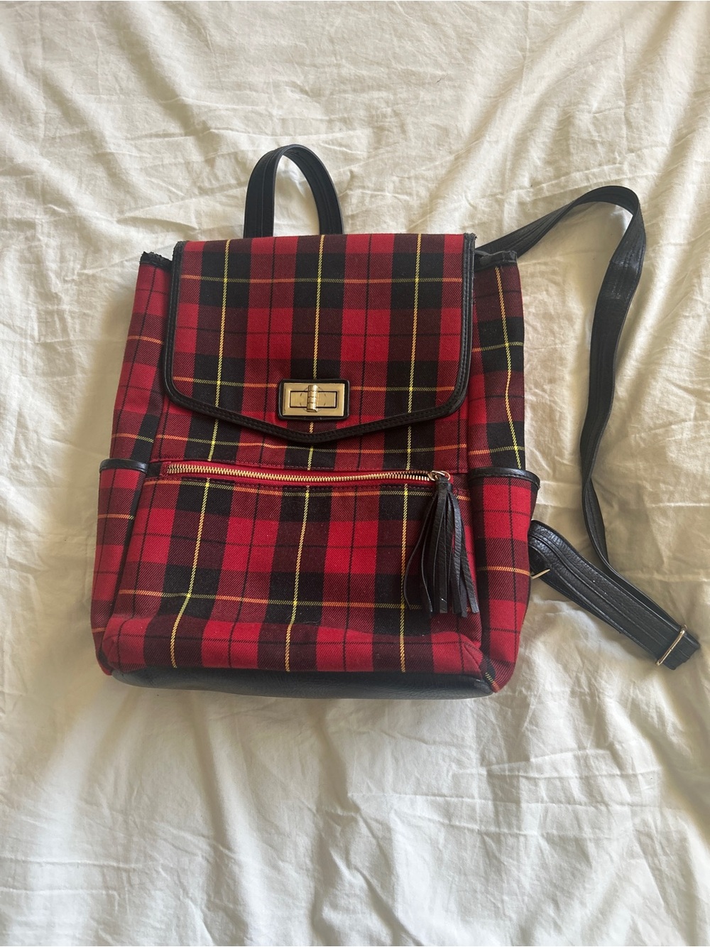 Red Plaid Backpack Purse with Black Trim